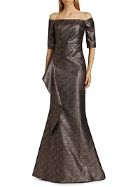 Metallic Jacquard Off-The-Shoulder Gown