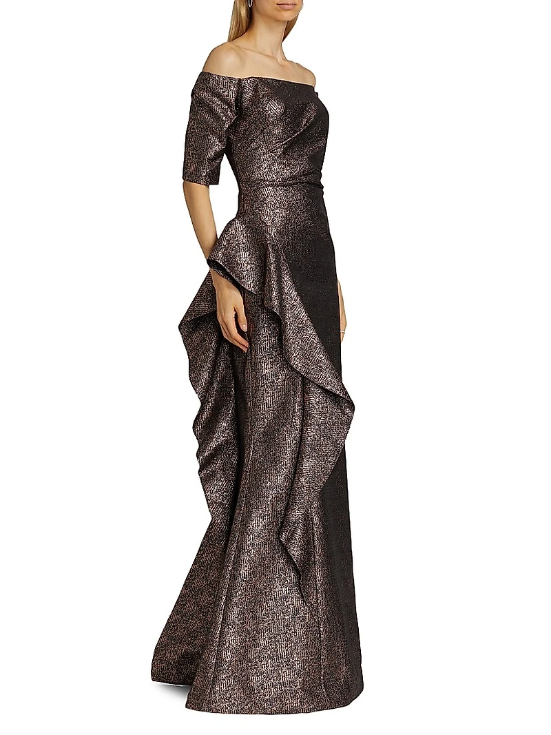 Metallic Jacquard Off-The-Shoulder Gown