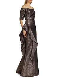 Metallic Jacquard Off-The-Shoulder Gown