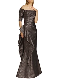 Metallic Jacquard Off-The-Shoulder Gown