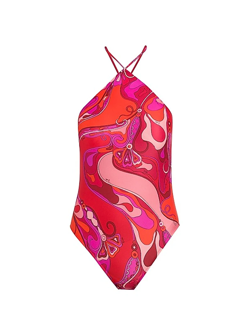 Geometric Halter One-Piece Swimsuit