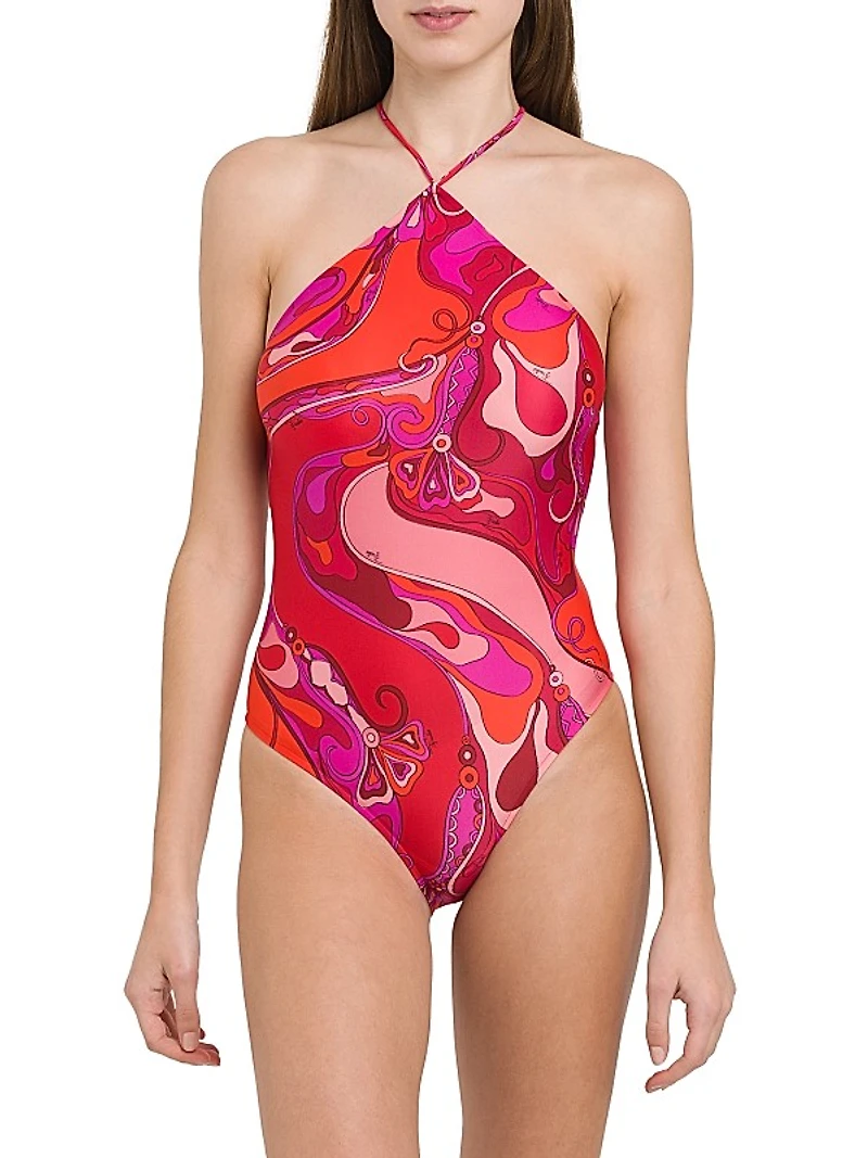 Geometric Halter One-Piece Swimsuit
