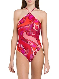 Geometric Halter One-Piece Swimsuit