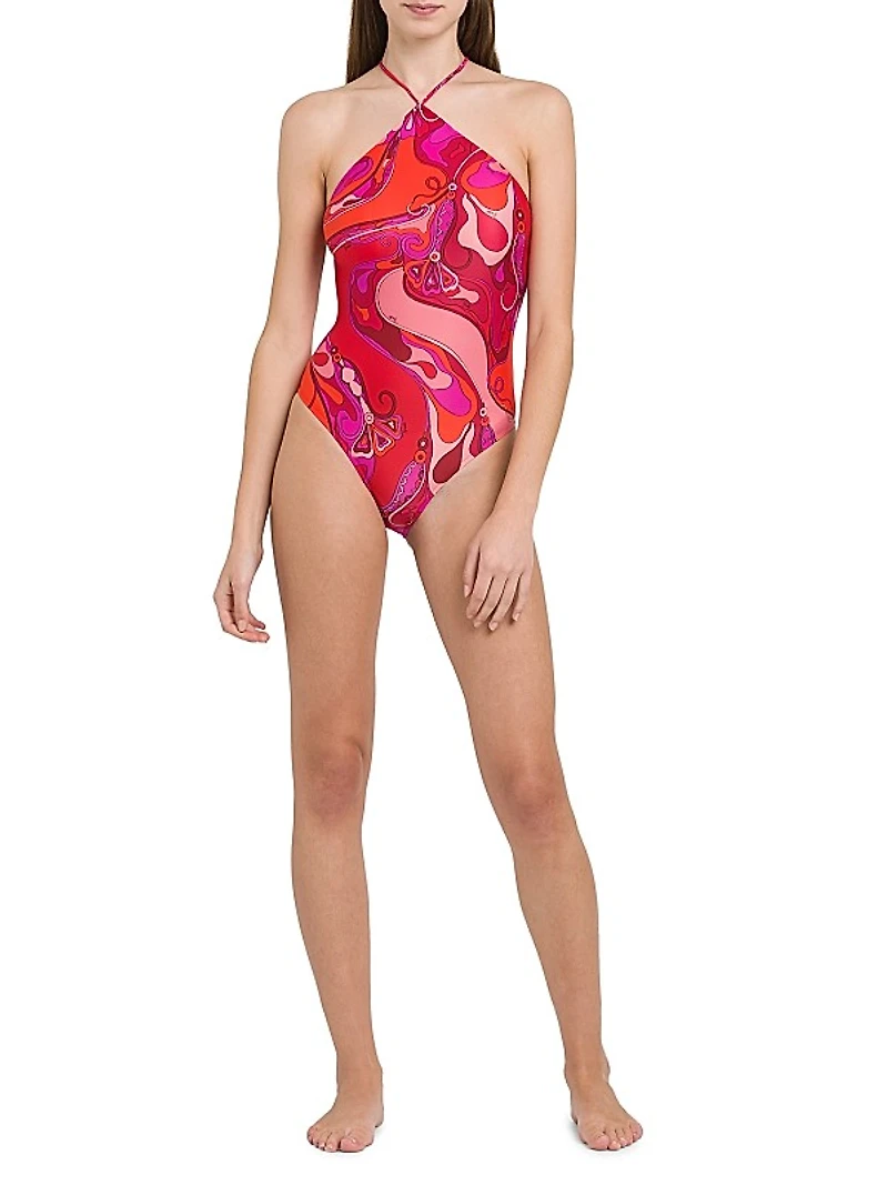 Geometric Halter One-Piece Swimsuit