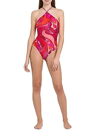 Geometric Halter One-Piece Swimsuit
