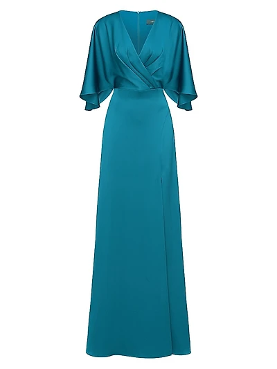 Waverly Satin Flutter-Sleeve Gown