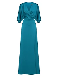 Waverly Satin Flutter-Sleeve Gown