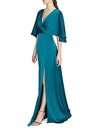 Waverly Satin Flutter-Sleeve Gown