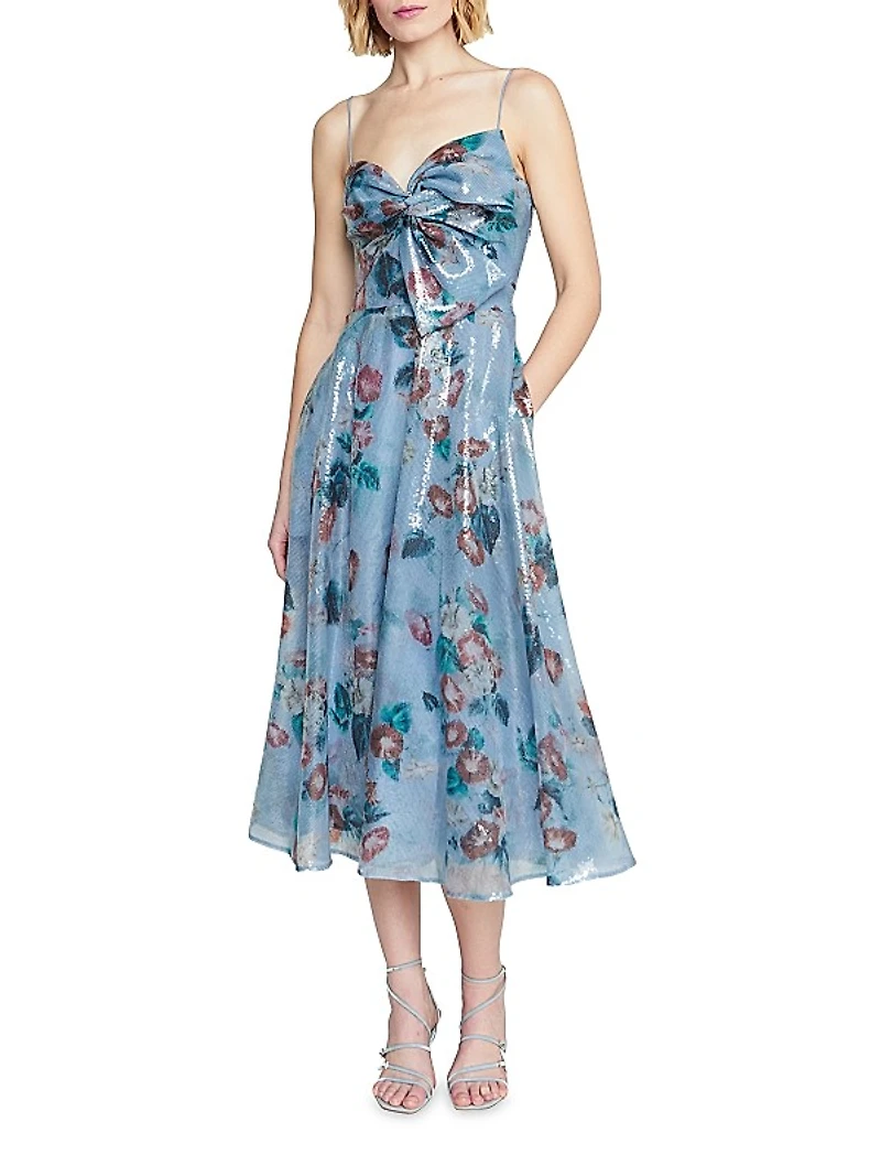 Paisley Sequin Floral Bow Midi-Dress