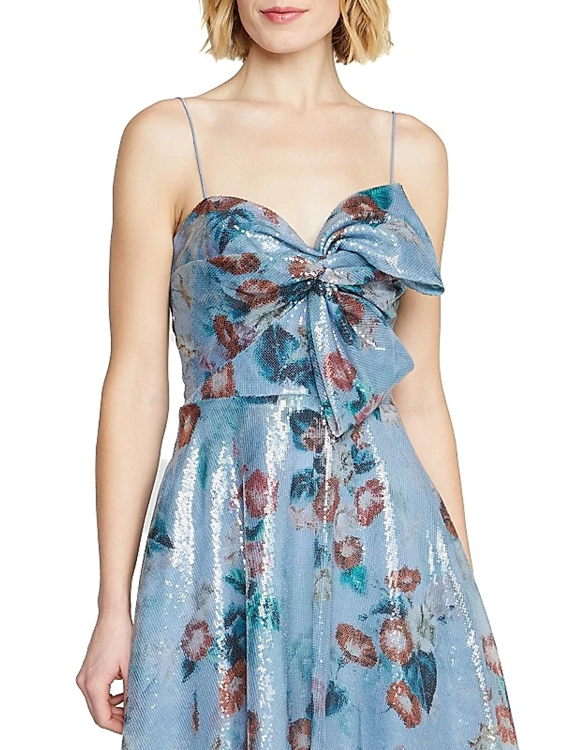 Paisley Sequin Floral Bow Midi-Dress