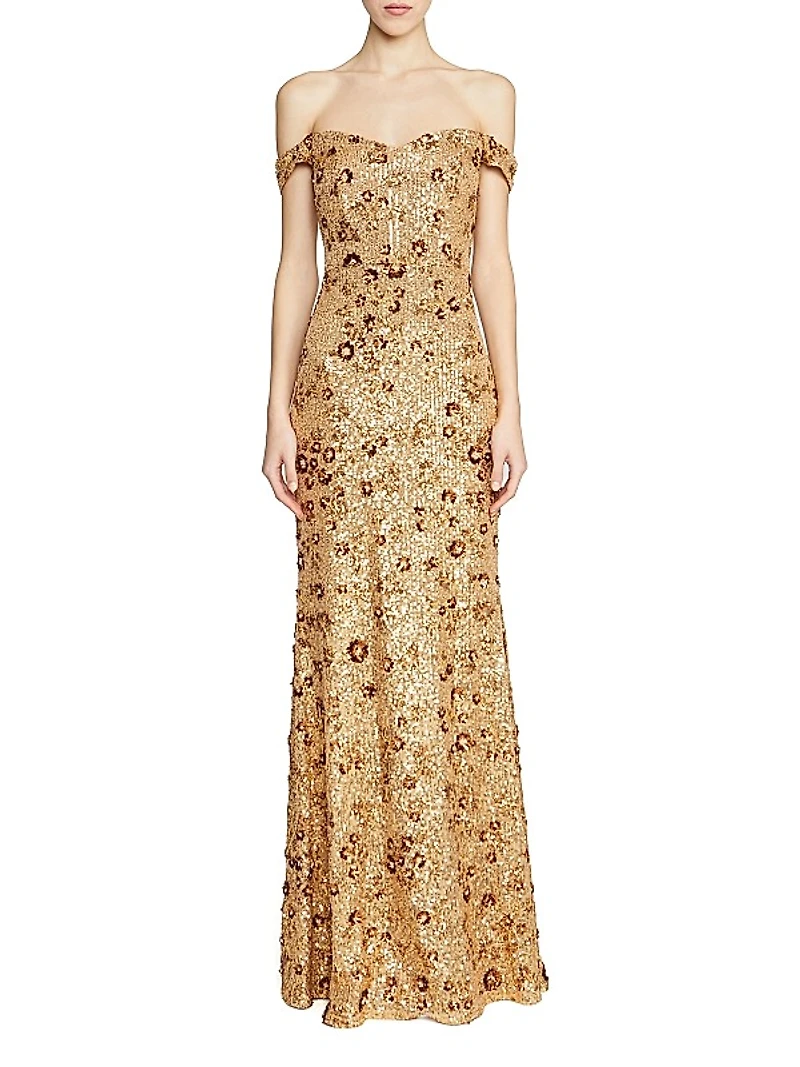 Serafina Sequin Off-The-Shoulder Gown