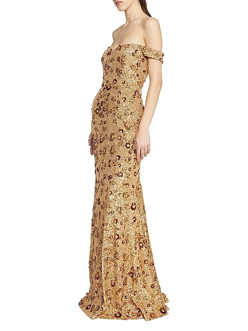 Serafina Sequin Off-The-Shoulder Gown