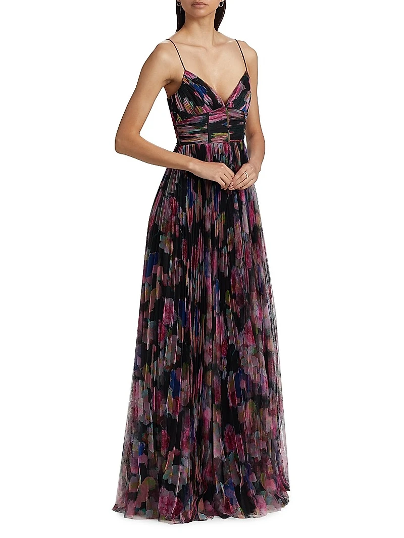 Yvonne Floral Pleated Tulle Gown