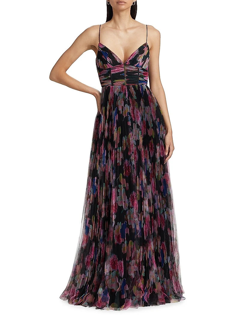 Yvonne Floral Pleated Tulle Gown