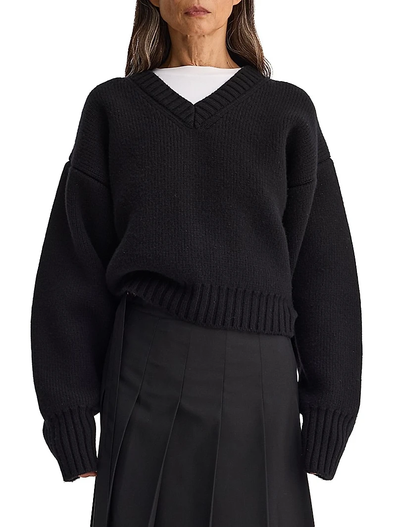 Compact-Knit Wool V-Neck Sweater