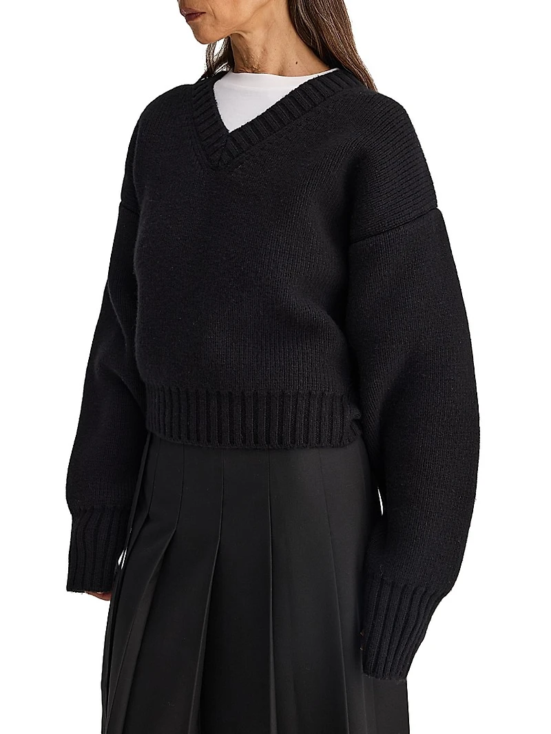 Compact-Knit Wool V-Neck Sweater