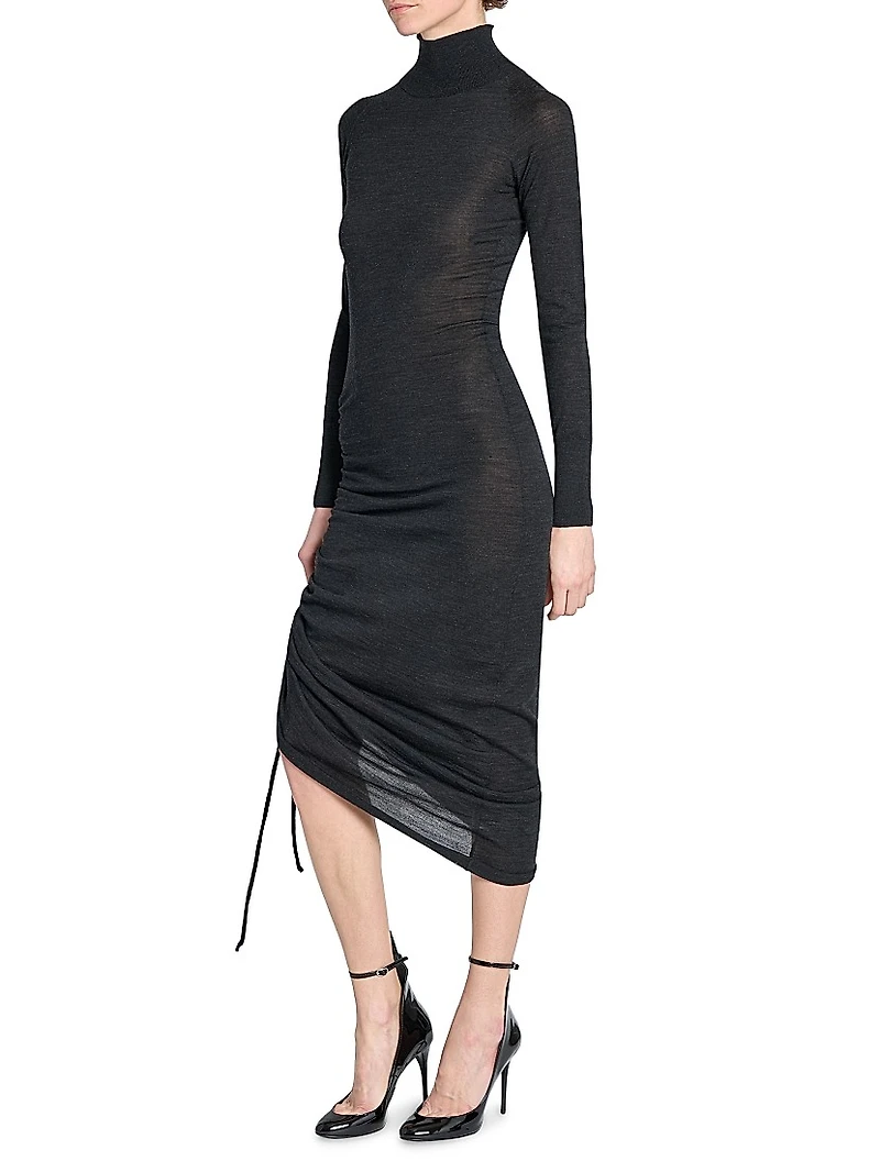 Draped Wool Ruched Midi-Dress