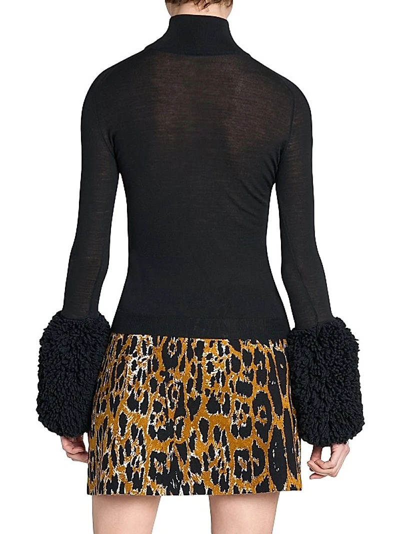 Wool Fringe-Sleeve Turtleneck Top