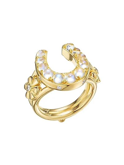 Florence86 Horseshoe 18K Yellow Gold, Blue Moonstone & 0.14 TCW Diamond Ring