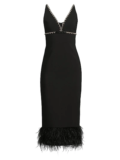 Nora Embellished Trim Feather Midi-Dress