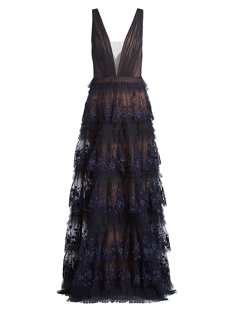 Tulle Floral-Embroidered Tiered Gown