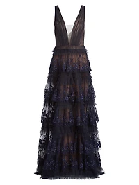 Tulle Floral-Embroidered Tiered Gown