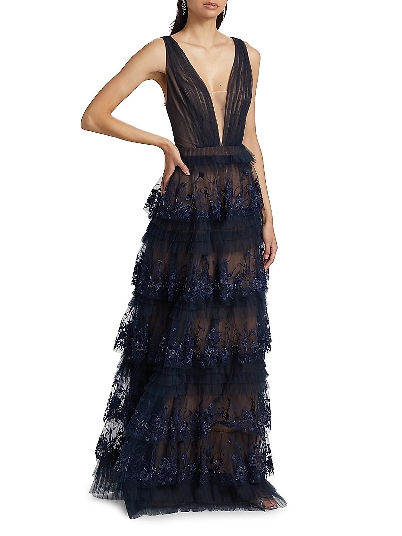 Tulle Floral-Embroidered Tiered Gown