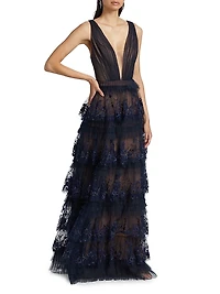 Tulle Floral-Embroidered Tiered Gown