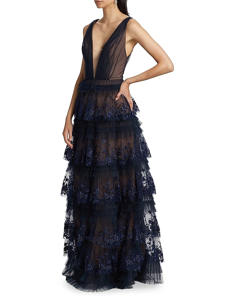Tulle Floral-Embroidered Tiered Gown