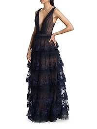 Tulle Floral-Embroidered Tiered Gown