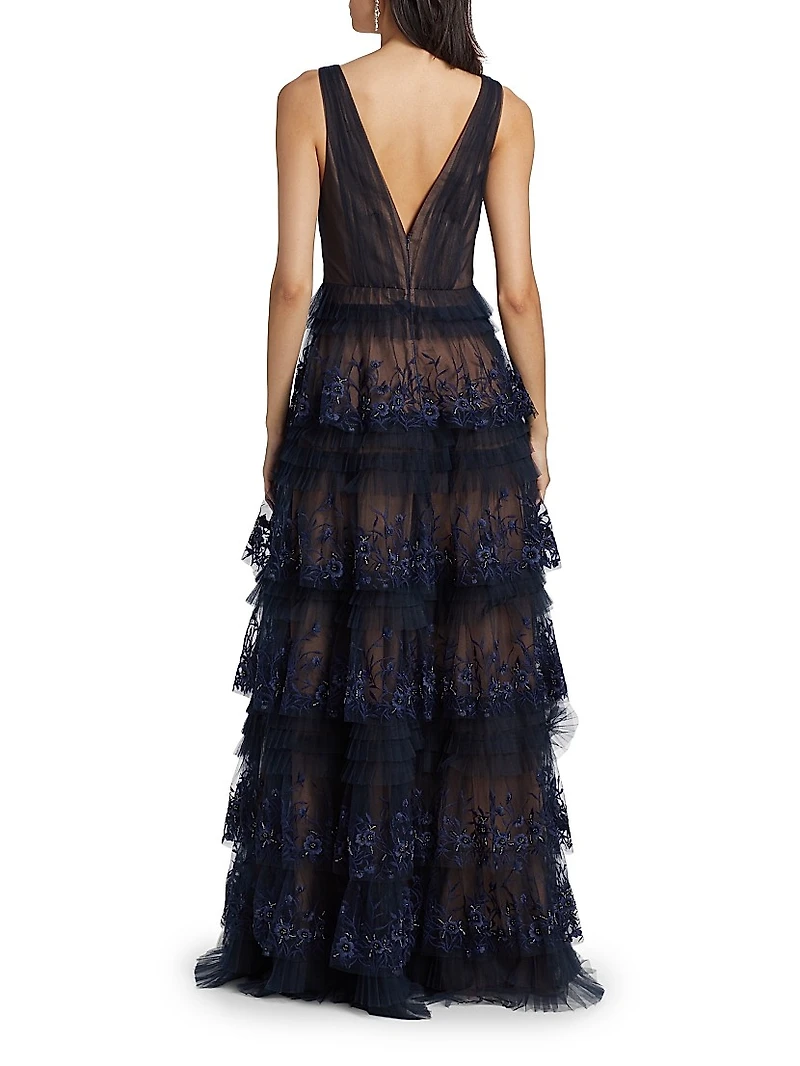 Tulle Floral-Embroidered Tiered Gown