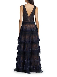 Tulle Floral-Embroidered Tiered Gown