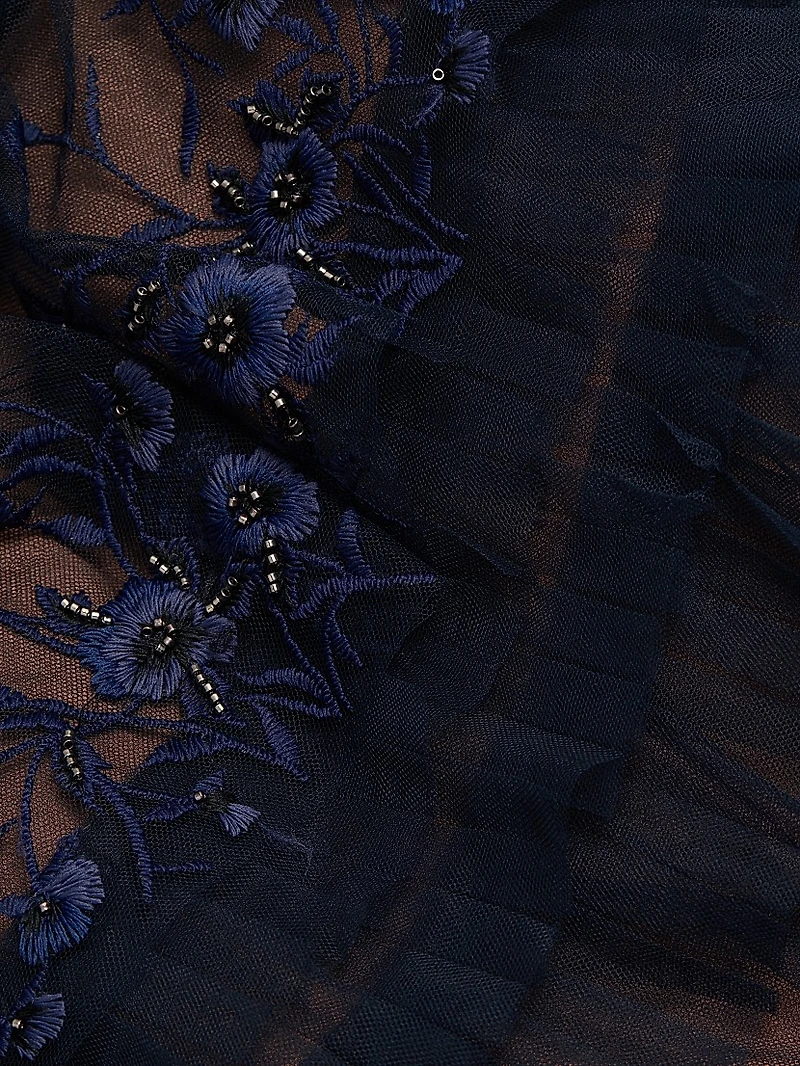 Tulle Floral-Embroidered Tiered Gown