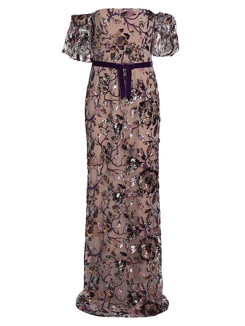 Floral Sequin Off-the-Shoulder Gown