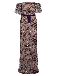 Floral Sequin Off-the-Shoulder Gown