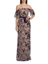 Floral Sequin Off-the-Shoulder Gown