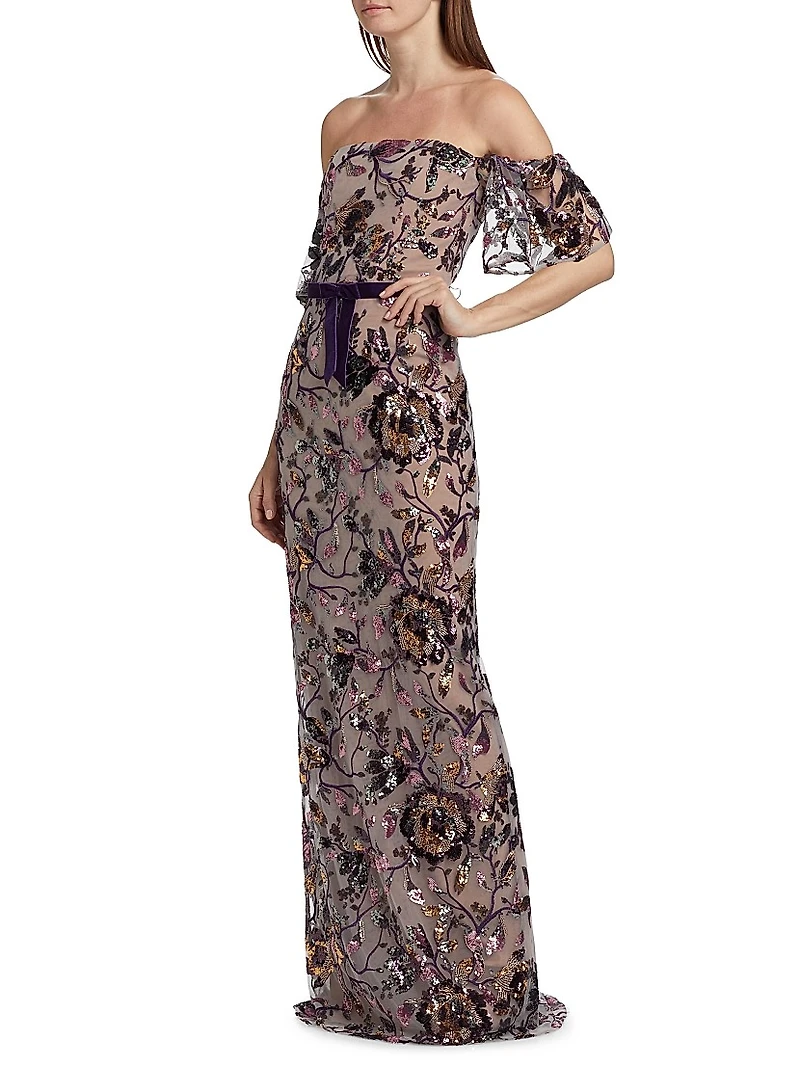 Floral Sequin Off-the-Shoulder Gown