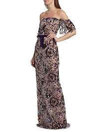 Floral Sequin Off-the-Shoulder Gown