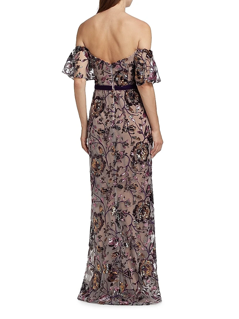 Floral Sequin Off-the-Shoulder Gown