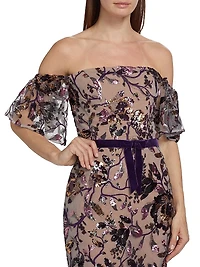 Floral Sequin Off-the-Shoulder Gown