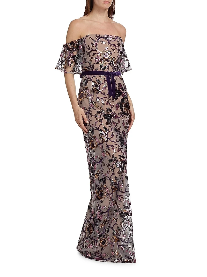 Floral Sequin Off-the-Shoulder Gown