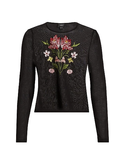 Embroidered Floral Cashmere-Silk Top
