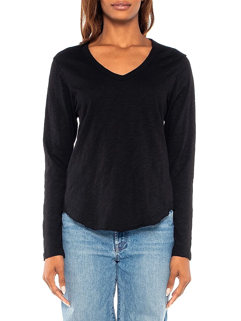 Long Sleeve V-Neck Raw Hem Shirttail