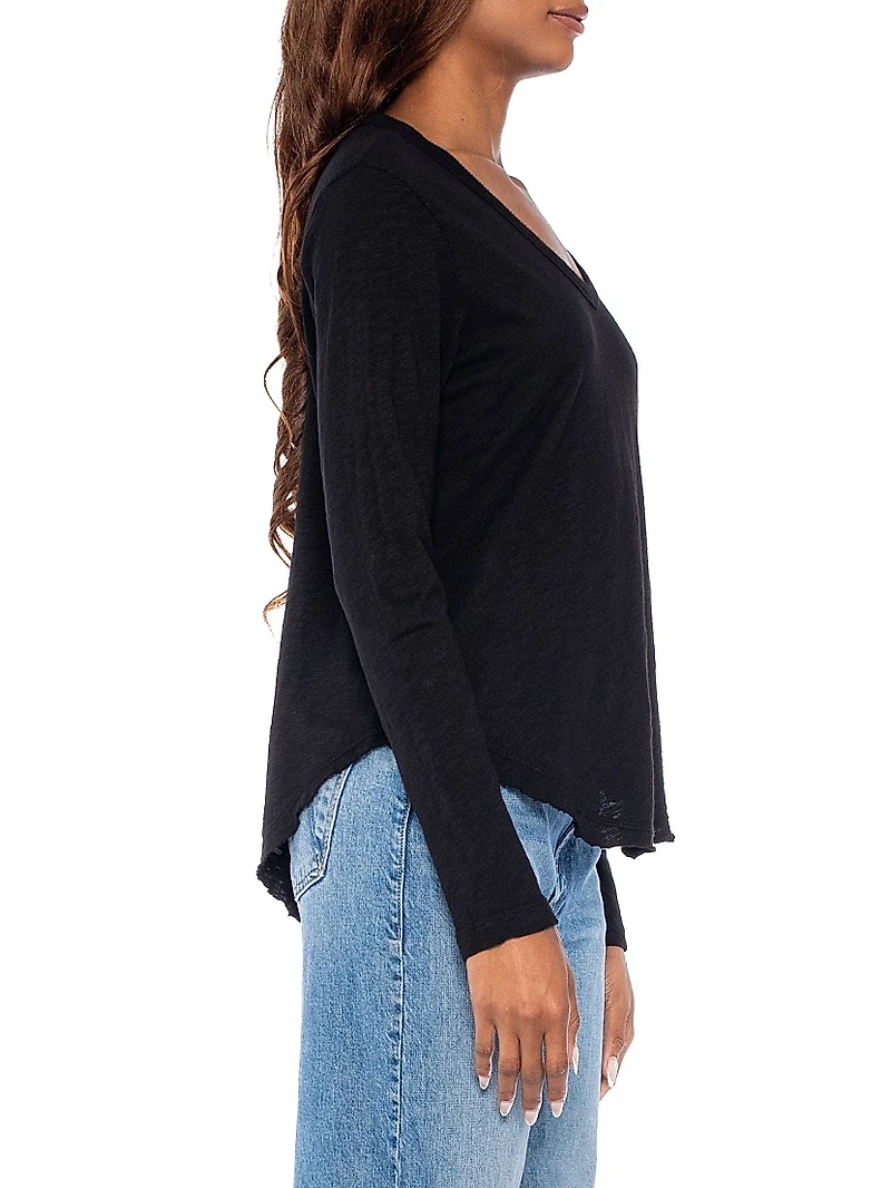 Long Sleeve V-Neck Raw Hem Shirttail