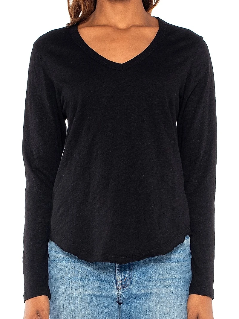 Long Sleeve V-Neck Raw Hem Shirttail