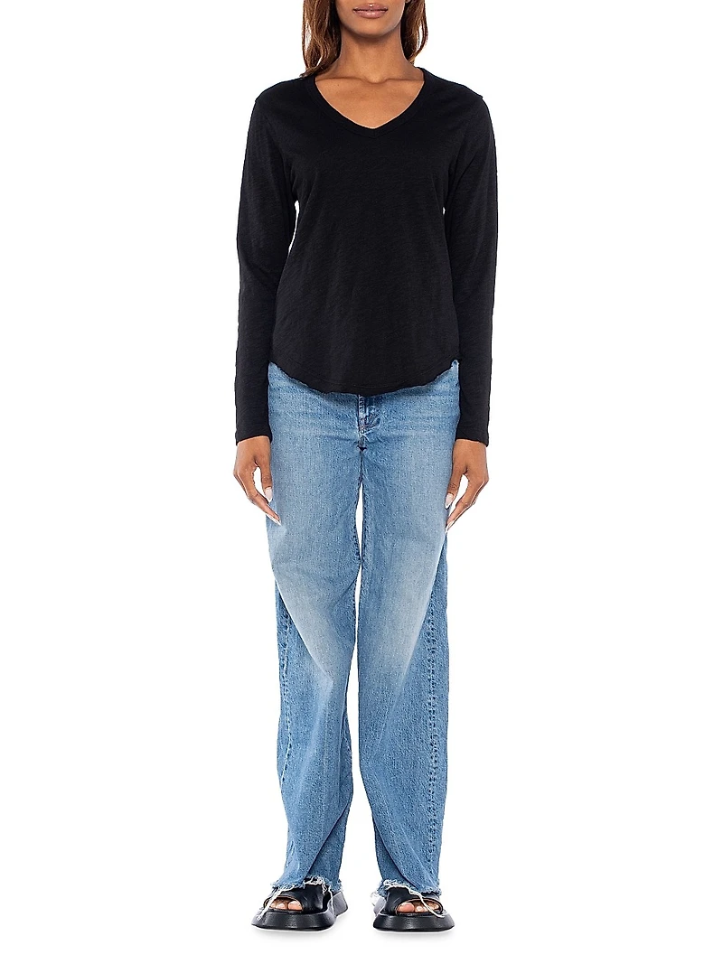 Long Sleeve V-Neck Raw Hem Shirttail