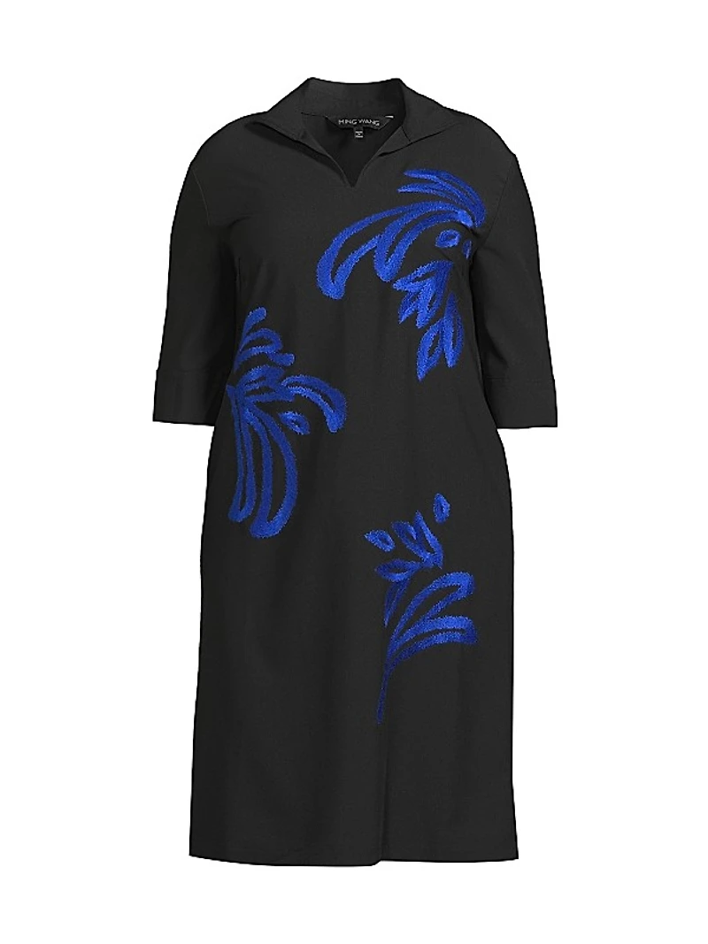 Embroidered Twill Shift Dress