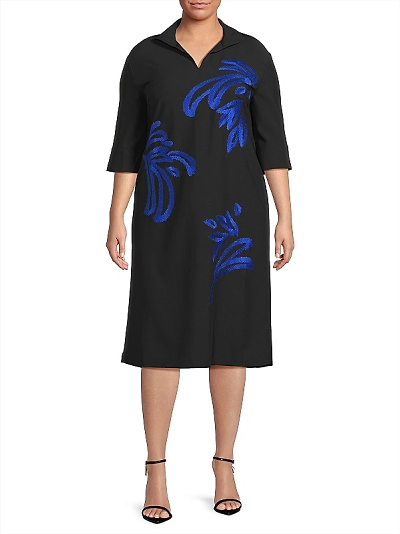 Embroidered Twill Shift Dress