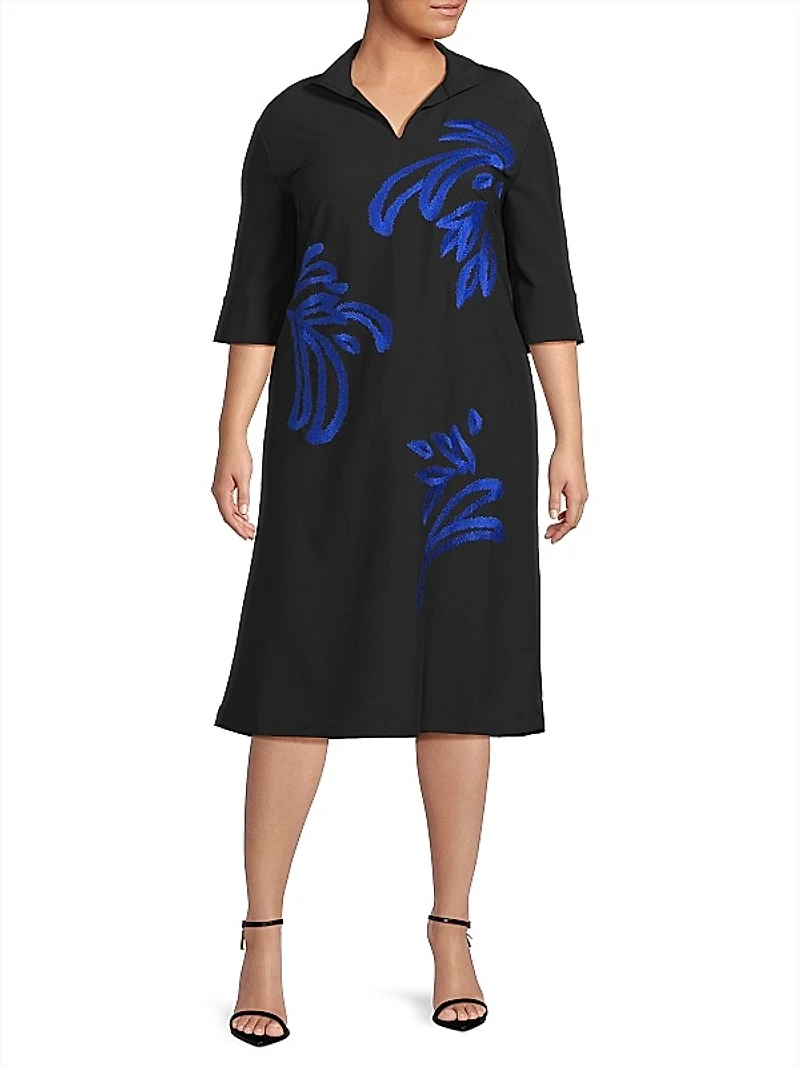 Embroidered Twill Shift Dress