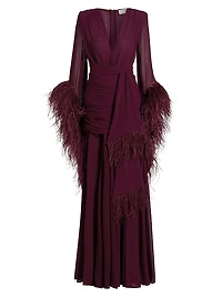 Geisha Feather-Cuff Silk-Blend Gown